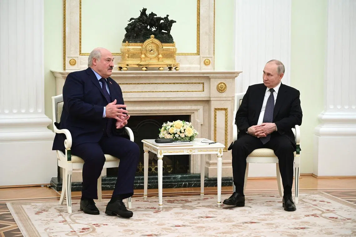 Russian President Vladimir Putin (right) and Belarus counterpart Alexander Lukashenko were expected to discuss Mr Lukashenko’s call for an immediate ceasefire in Ukraine.