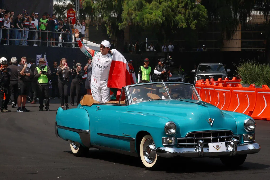 Cadillac’s Sergio Perez during the showrun in Mexico City before this weekend’s Mexico City Grand Prix.
