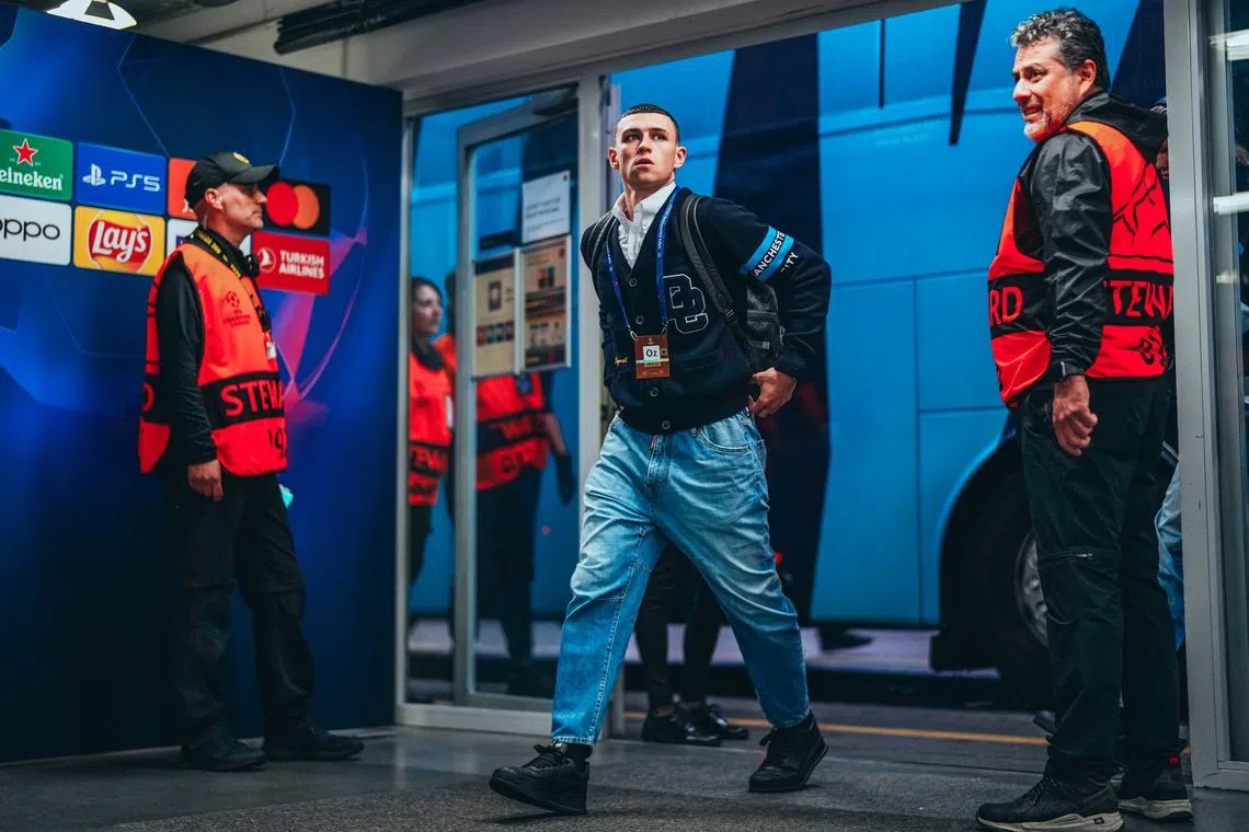 Phil Foden of Manchester City arriving at the stadium prior to the Champions League match against Young Boys at Wankdorf Stadium in Bern, Switzerland. 
