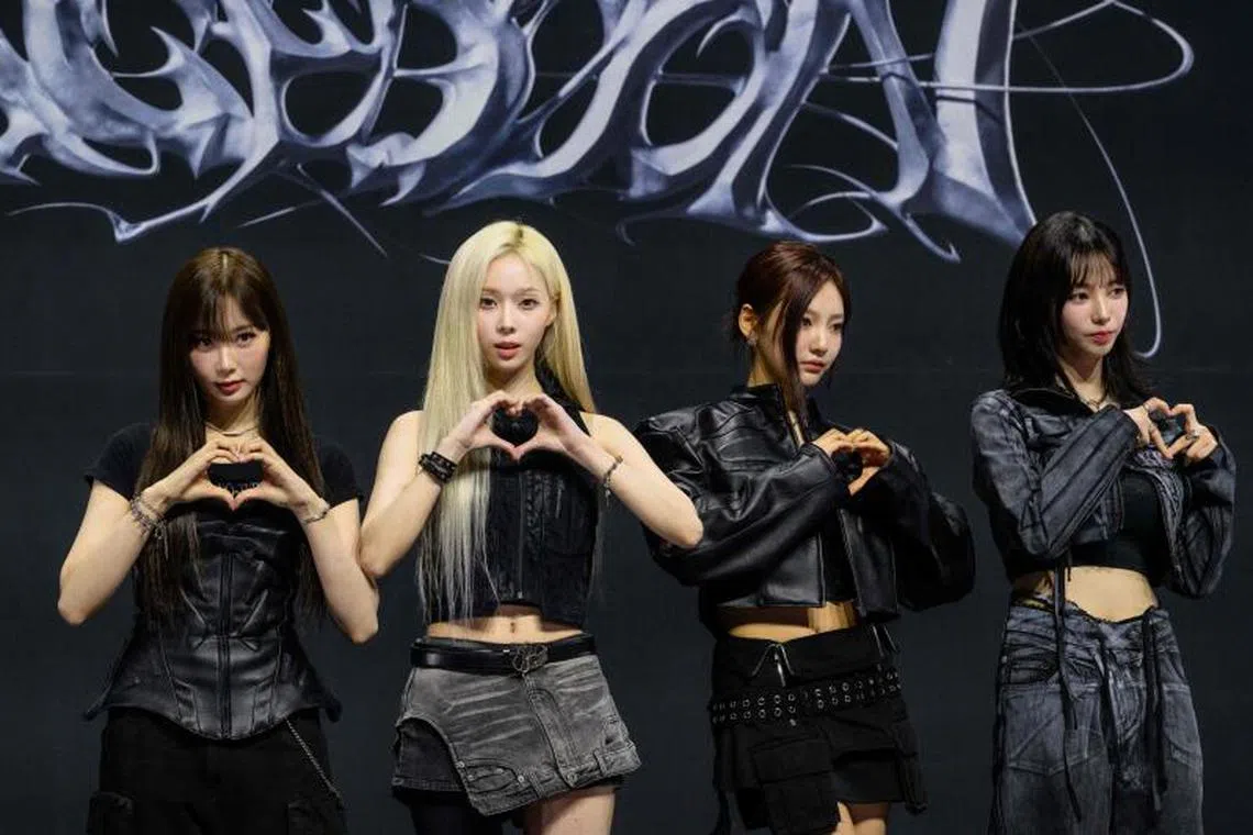 From left to right: Giselle, Winter, Ningning and Karina of K-pop girl group Aespa pose during a media showcase in Seoul on May 27, 2024, prior to the release of their album  Armageddon later that day.