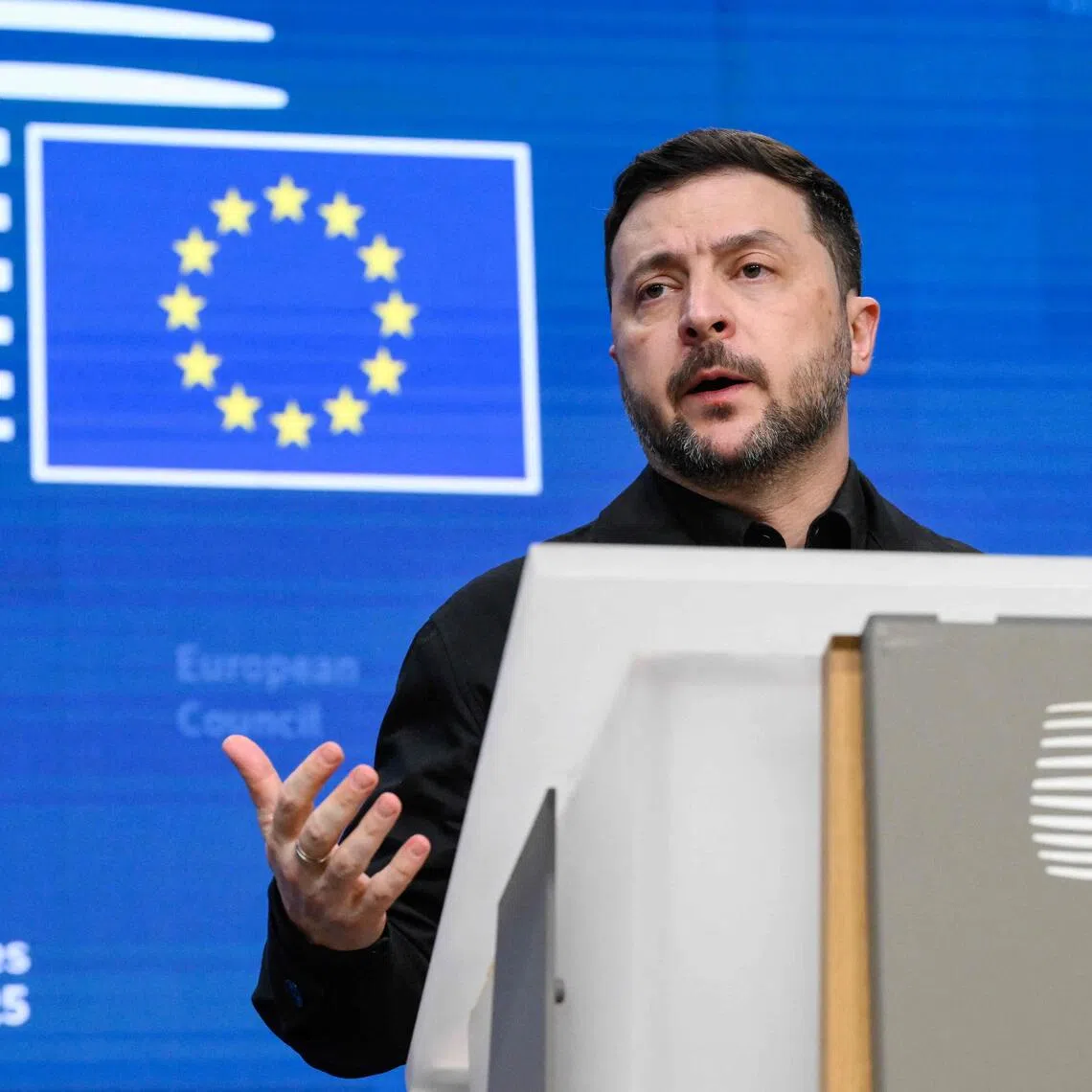Ukrainian President Volodymyr Zelensky speaking during a press conference in Brussels on Dec 18.