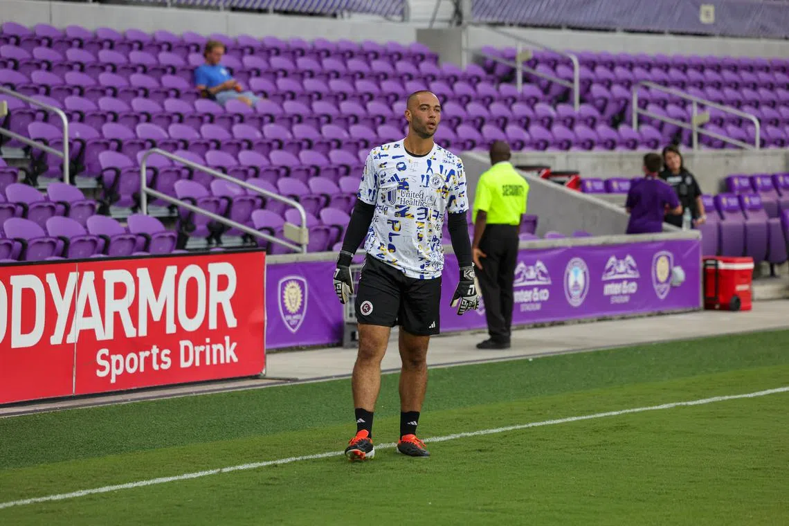 FILE PHOTO: Sep 14, 2024; Orlando, Florida, USA; New England Revolution goalkeeper Earl Edwards Jr. (36) warms up before the game against Orlando City at Inter&Co Stadium. Mandatory Credit: Mike Watters-Imagn Images/File photo