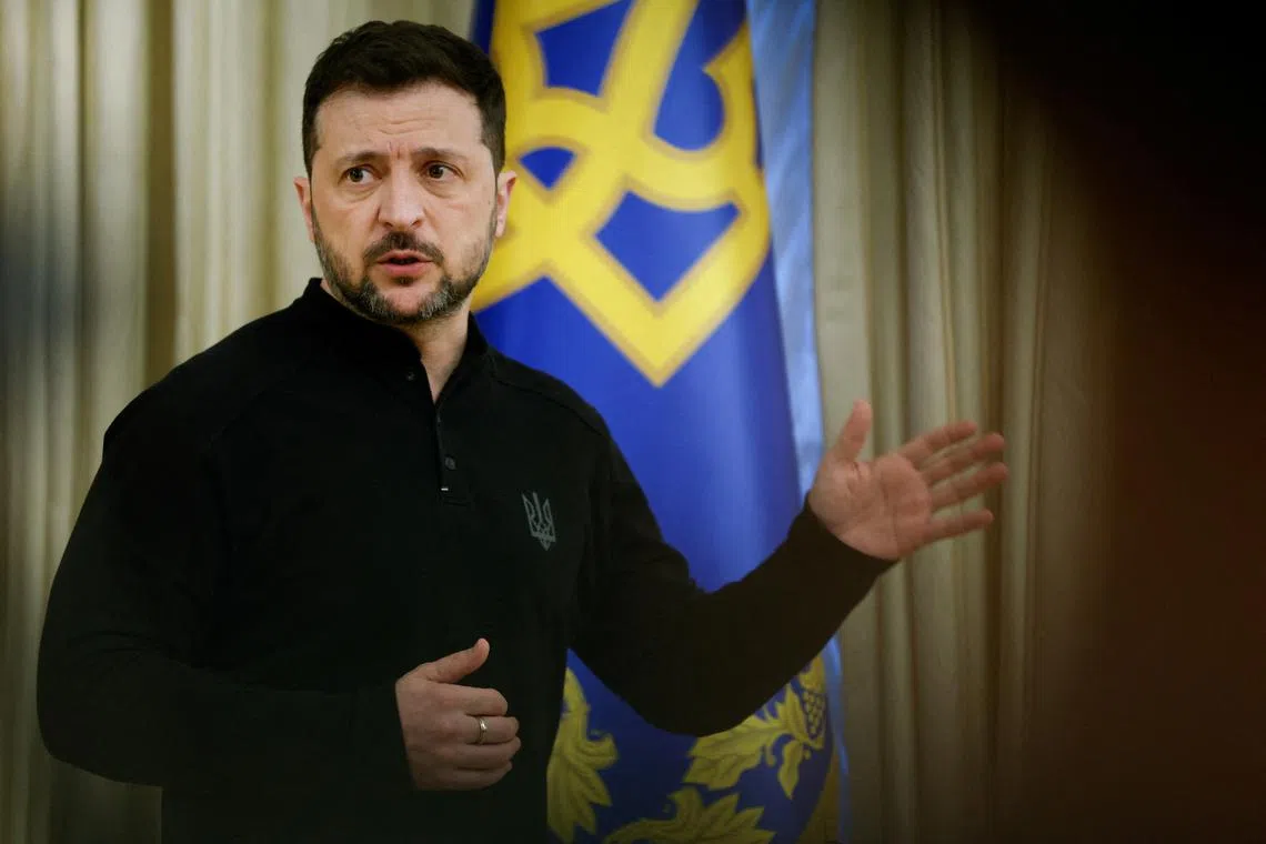 FILE PHOTO: Ukraine's President Volodymyr Zelenskiy attends a press conference, amid Russia's attack on Ukraine, in Kyiv, Ukraine, April 4, 2025. REUTERS/Alina Smutko/File Photo