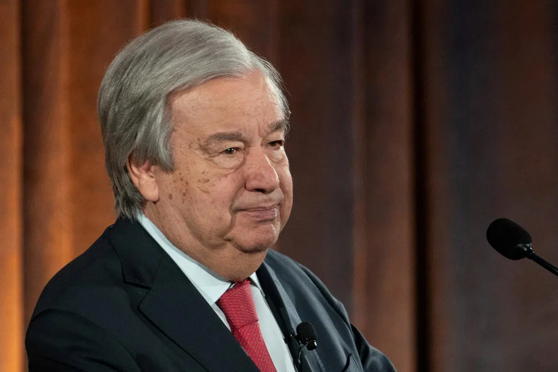 FILE PHOTO: United Nations Secretary-General Antonio Guterres speaks during a Special Envoy on Climate Ambition and Solutions at the American Museum of Natural History in New York City, U.S., June 5, 2024. REUTERS/David Dee Delgado/File Photo
