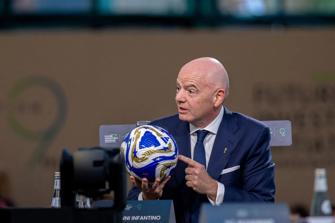 The president of FIFA, Gianni Infantino, speaks during a session on day one of the 9th Edition of the Future Investment Initiative (FII), the kingdom's annual flagship conference, in Riyadh, Saudi Arabia, October 28, 2025. Future Investment Initiative Media Center/Handout via REUTERS