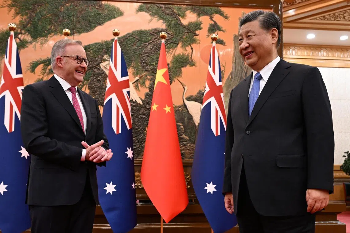 Australia’s Prime Minister Anthony Albanese meets with China’s President Xi Jinping at the Great Hall of the People in Beijing, China.