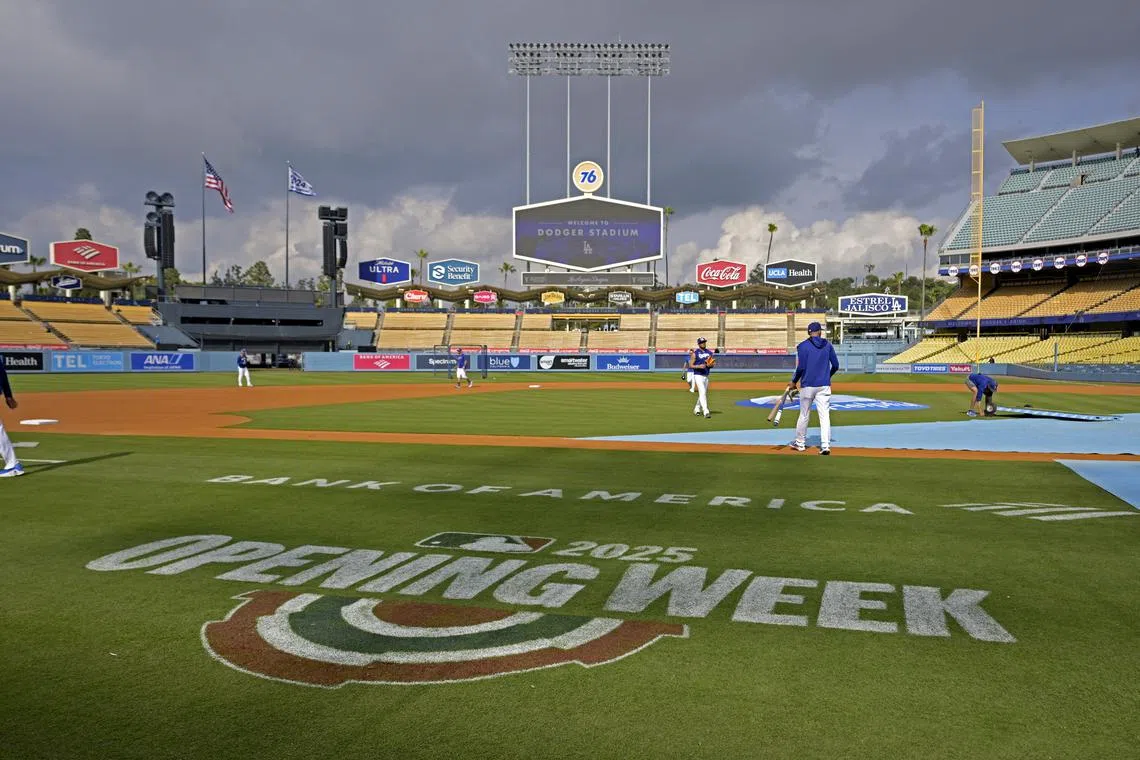 Mar 31, 2025; Los Angeles, California, USA;  General view of the field prior to the game between the Los Angeles Dodgers and the Atlanta Braves at Dodger Stadium. Mandatory Credit: Jayne Kamin-Oncea-Imagn Images