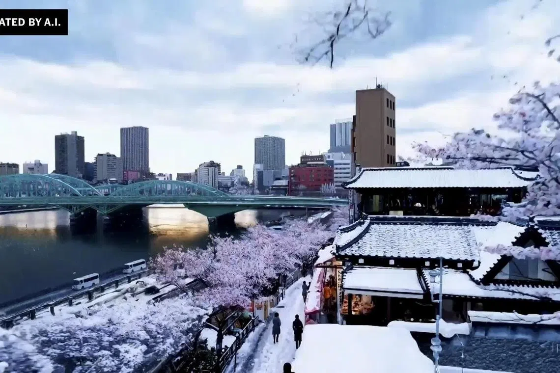 In an image of a snowy Tokyo is generated by artificial intelligence and provided by OpenAI, a still from a video created by Sora, a new AI video-generation system unveiled by OpenAI on Feb 15, 2024. 