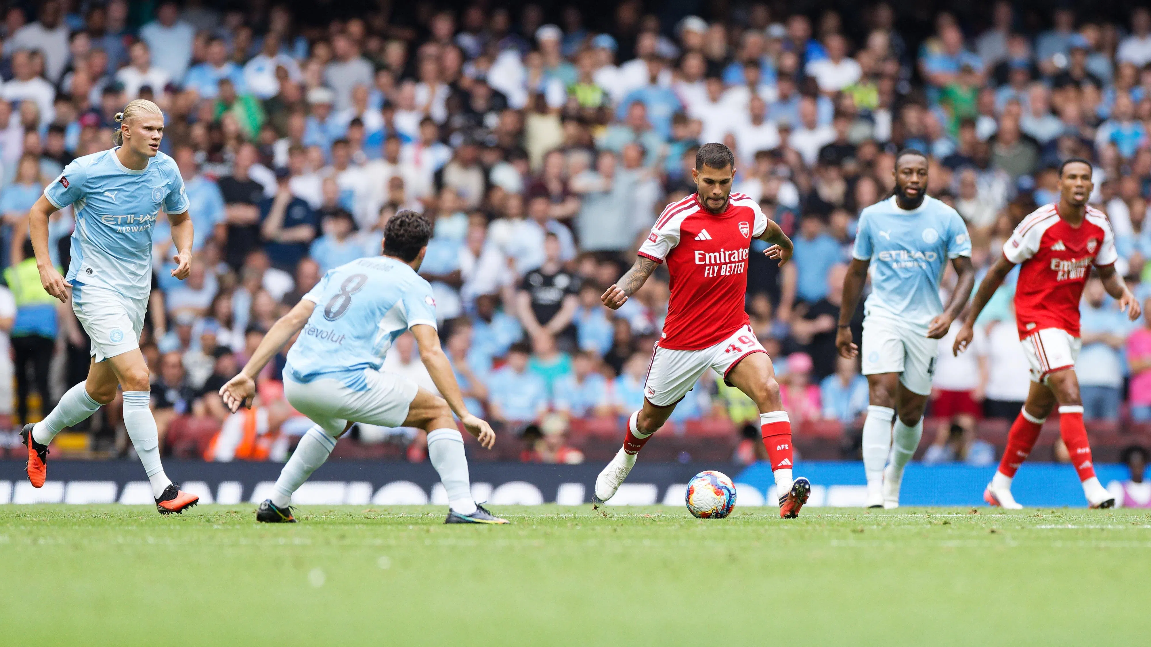 Arsenal’s Bruno Guimaraes (centre) in action during the Aug 16 FA Community Shield match against Manchester City.