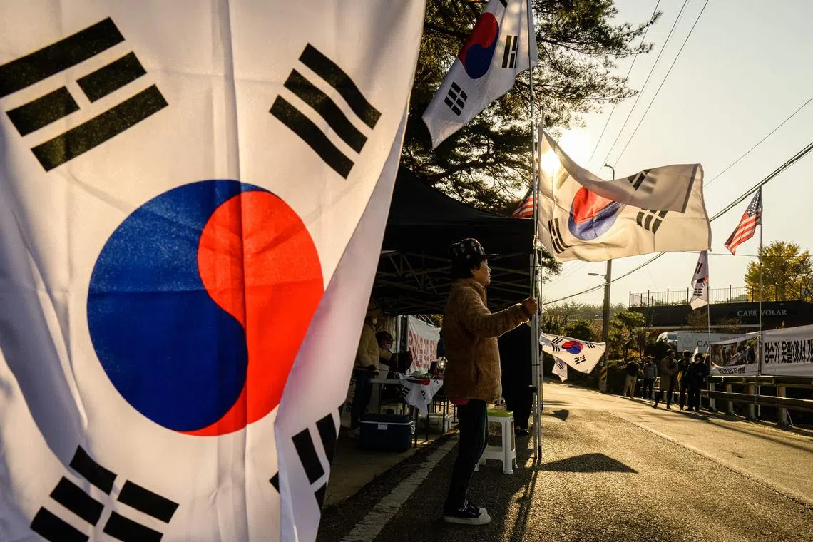 A protestor waves a South Korean national flag in village of Pyeongsan, in Yangsan on Nov 16, 2002.