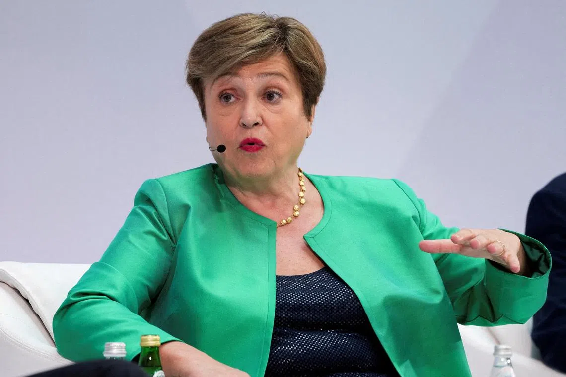 FILE PHOTO: Managing Director of the International Monetary Fund (IMF) Kristalina Georgieva takes part in \"Debate on the Global Economy\" during the 2026 annual IMF/World Bank Spring Meetings in Washington, D.C., U.S., April 16, 2026. REUTERS/Ken Cedeno/File Photo