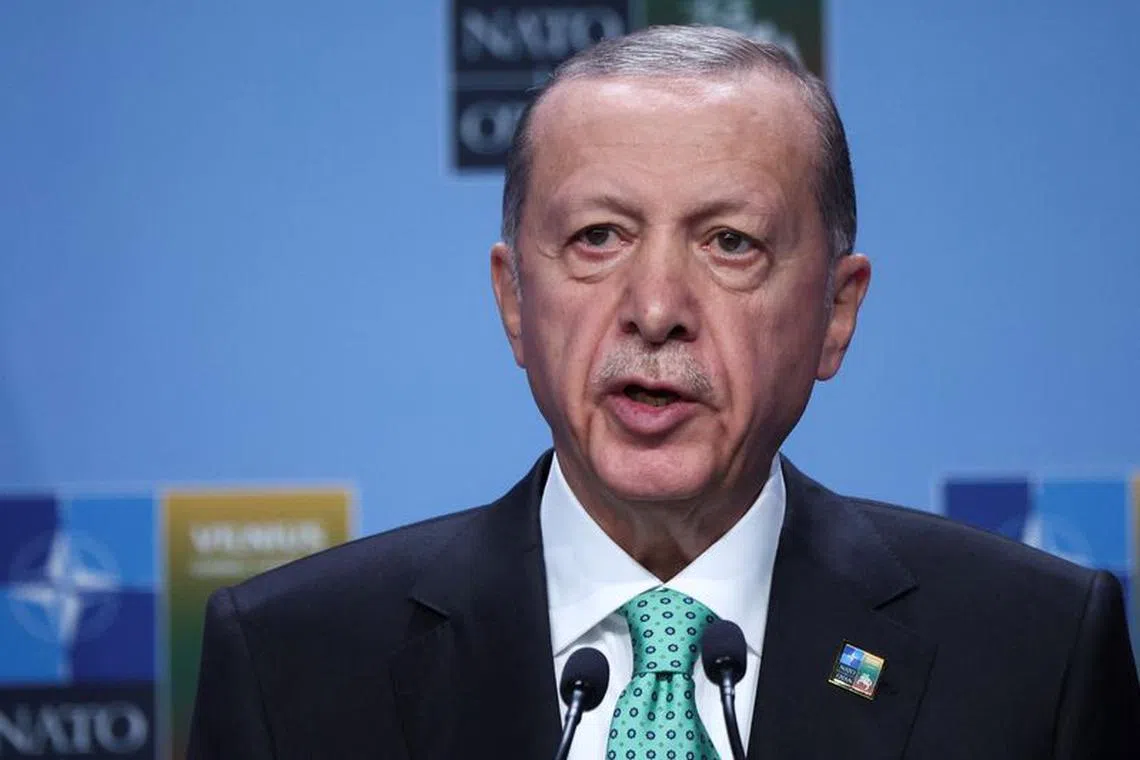 FILE PHOTO: Turkish President Recep Tayyip Erdogan holds a press conference during a NATO leaders summit in Vilnius, Lithuania July 12, 2023. REUTERS/Kacper Pempel/File Photo