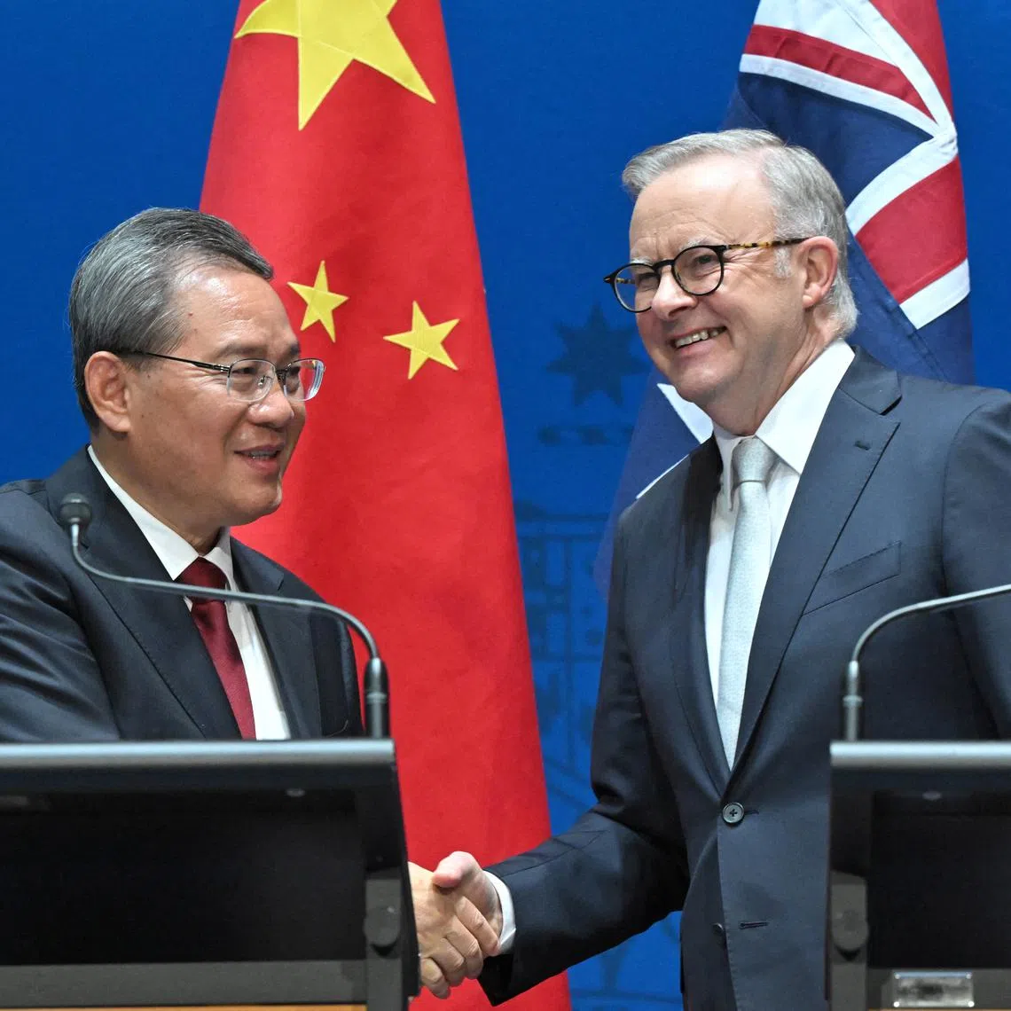 Australian Prime Minster Anthony Albanese (right) and his Chinese counterpart Premier Li Qiang  at Parliament House in Canberra, on June 17.