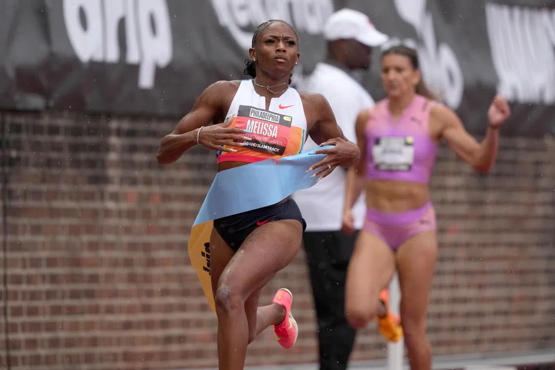 May 31, 2025; Philadelphia, PA, USA; Melissa Jefferson-Wooden (USA) wins the women's 200m in 21.99 during the Grand Slam Track Philadelphia at Franklin Field. Mandatory Credit: Kirby Lee-Imagn Images