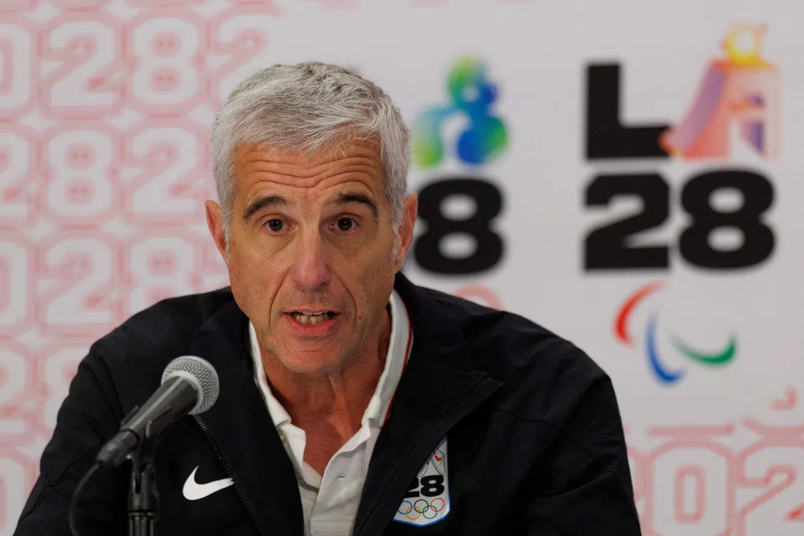 Reynold Hoover, LA28 Chief Executive Officer, speaks during a press conference following the conclusion of a three-day visit by the International Olympic Committee (IOC) Coordination Commission for the Olympic and Paralympic Games Los Angeles 2028, to select Games venues, track the progress of the LA28 Games and share insights on the progress and preparations in Los Angeles, California, U.S. June 5, 2025.  REUTERS/Mike Blake