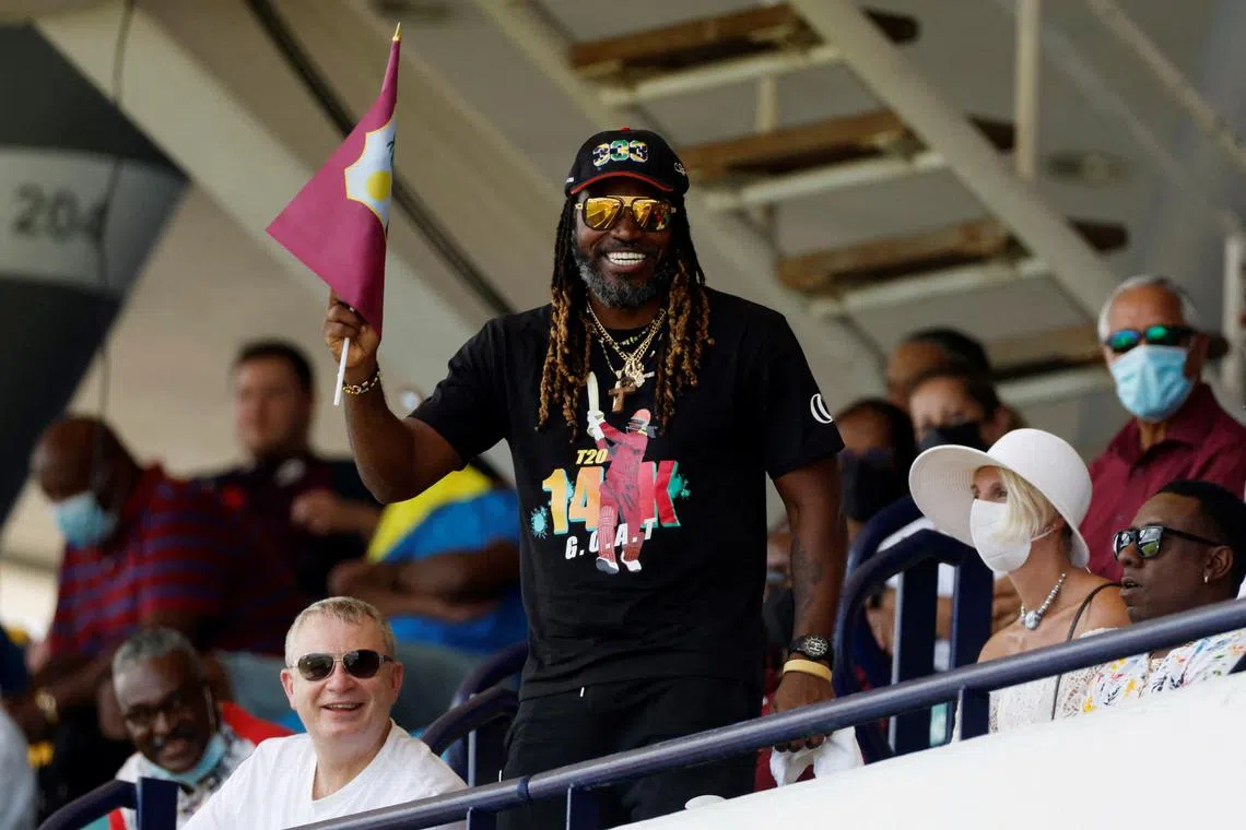 FILE PHOTO: Cricket - Second Test - West Indies v England - The Kensington Oval, Bridgetown, Barbados - March 16, 2022 Former West Indies player Chris Gayle watches from the stand Action Images via Reuters/Jason Cairnduff/File Photo