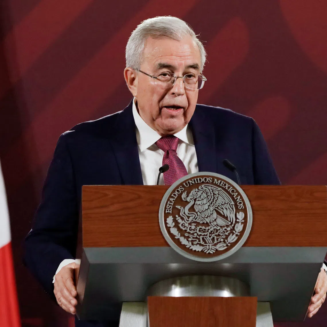 FILE PHOTO: Sinaloa governor Ruben Rocha speaks to the media during a press conference next to Mexico's President Andres Manuel Lopez Obrador (not pictured) at the National Palace, in Mexico City, Mexico, June 20, 2023. REUTERS/Luis Barron/File photo