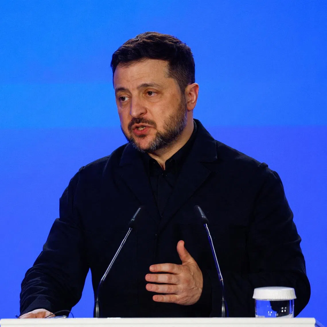 Ukraine's President Volodymyr Zelenskiy attends a press conference with European Commission President Ursula von der Leyen (not pictured) and European Council President Antonio Costa (not pictured) on the fourth anniversary of Russia's full-scale invasion of Ukraine, in Kyiv, Ukraine, February 24, 2026. REUTERS/Valentyn Ogirenko