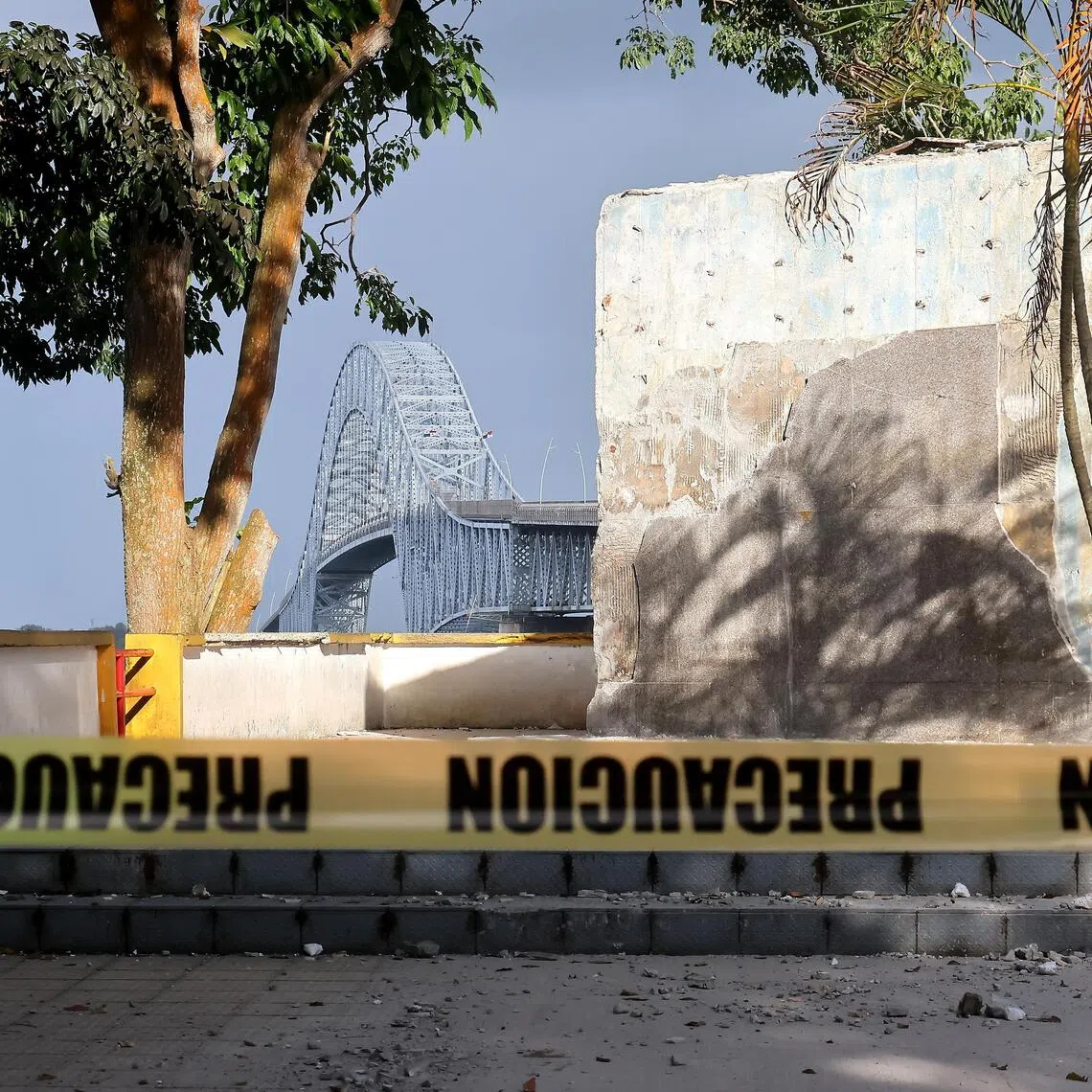 Police tape surrounds the area where a monument recognising Chinese contribution to the Panama Canal was relocated in Panama City.
