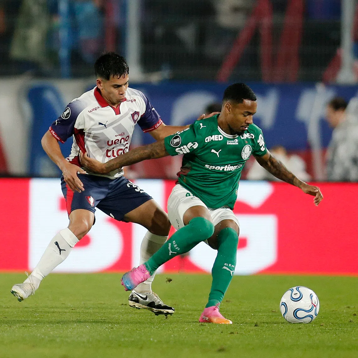 Cerro Porteno’s Marcelo Ivan Chaparro Martinez in action with Palmeiras’ Allan Andrade Elias.