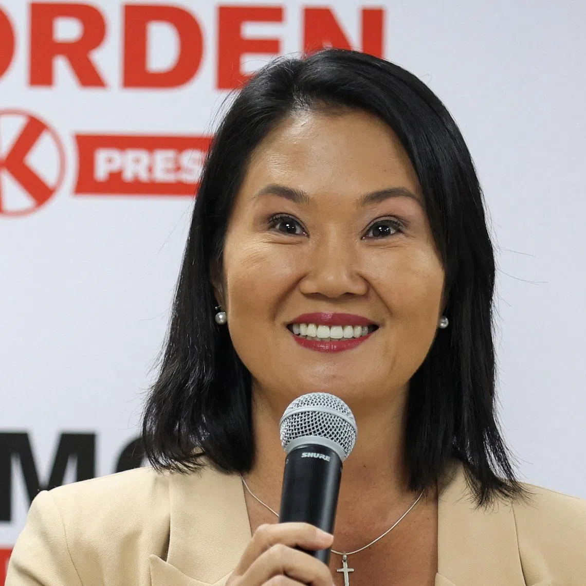 Popular Force presidential candidate Keiko Fujimori holds a press conference after the National Jury of Elections (JNE) announced that she will advance to a runoff election on June 7, in which she will compete for the presidency of Peru against candidate Roberto Sanchez of the Juntos por el Peru party, in Lima, Peru, May 17, 2026. REUTERS/Alessandro Cinque