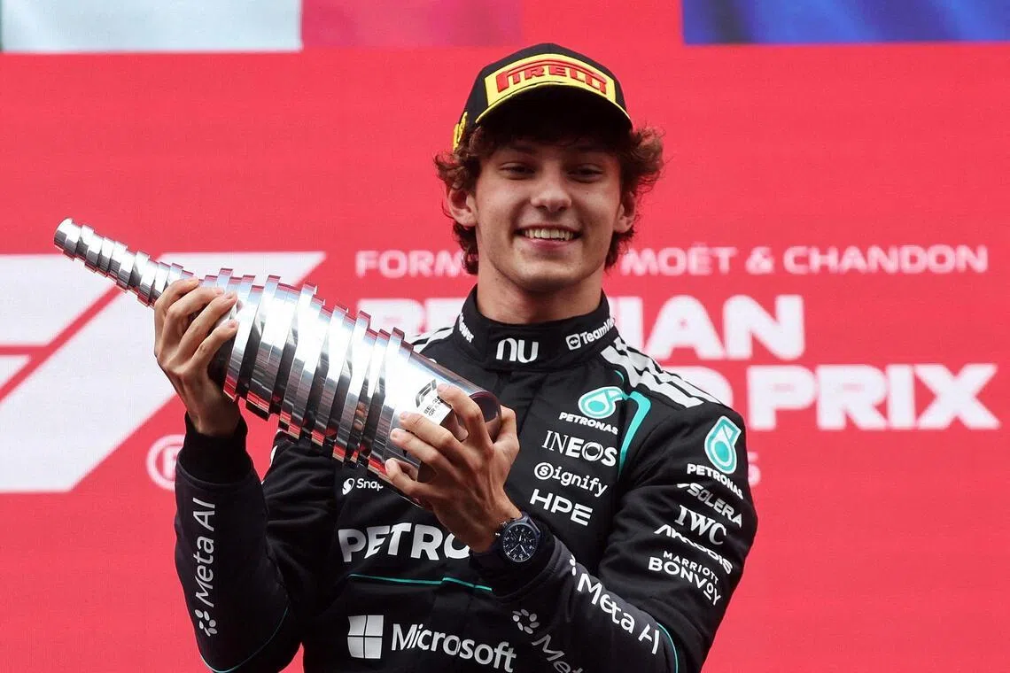 Mercedes’ Kimi Antonelli celebrates after winning the Belgian Grand Prix on July 19.