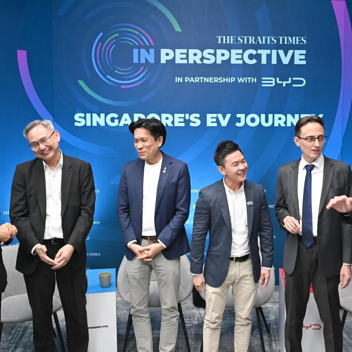 (From left) Asia News Network editor and panel moderator Shefali Rekhi, LTA deputy chief executive of technology Lam Wee Shann, BYD Singapore managing director James Ng, Sgcarmart editor Julian Kho, TUMCREATE principal scientist Tobias Massier and EV ecosystem platform VoltBridge's opportunity catalyst Tyron Tan.