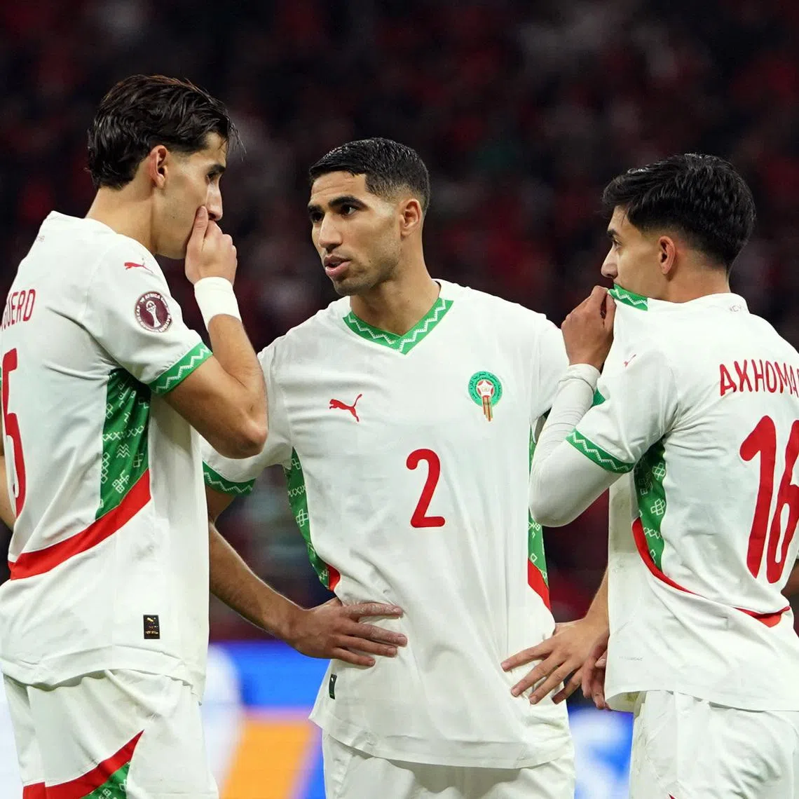 Morocco's Achraf Hakimi with teammates during the 3-0 Africa Cup of Nations win over Zambia on Dec 29, 2025, at the Stade Prince Moulay Abdellah.