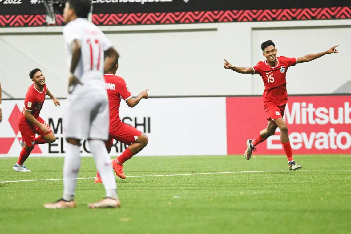 Singapore midfielder Shah Shahiran celebrating after scoring the Lions' second goal against Myanmar in the AFF Championship at Jalan Besar on Saturday. 