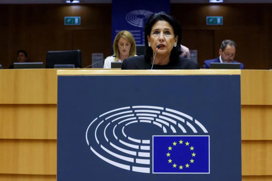 Georgia's President Salome Zourabichvili speaks during the plenary session at EU parliament in Brussels, Belgium May 31, 2023. REUTERS/Yves Herman/File Photo