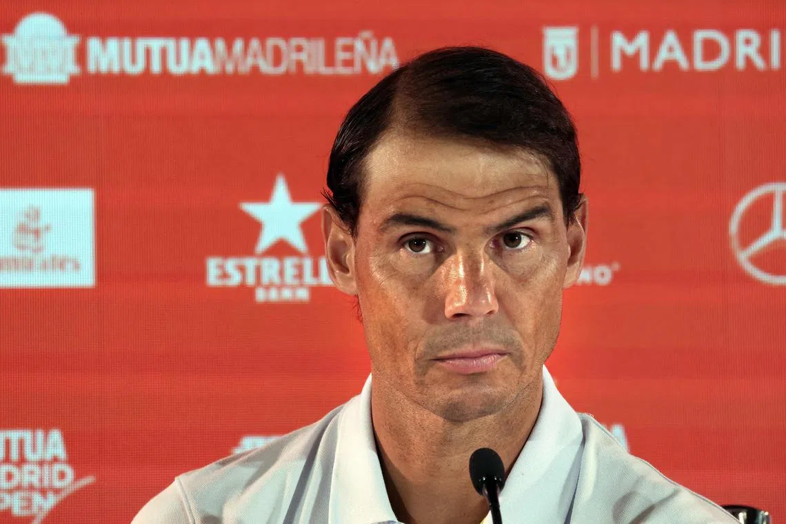 Spain's Rafael Nadal answers journalists' questions, during a press conference ahead of the 2024 Madrid Open.