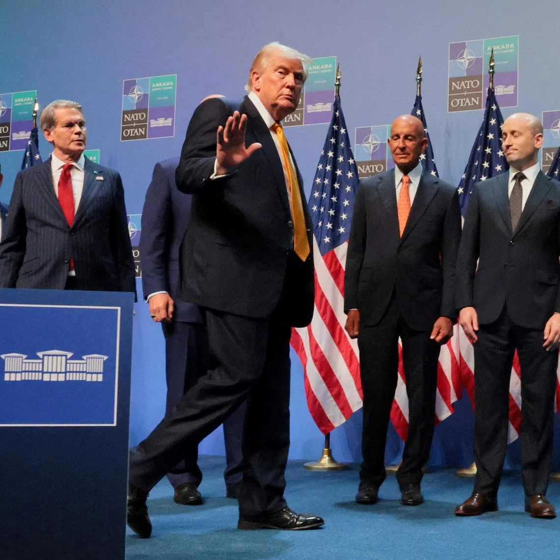 US President Donald Trump leaves after a press conference at the NATO leaders summit at the Bestepe Presidential Compound in Ankara, Turkey, on July 8.