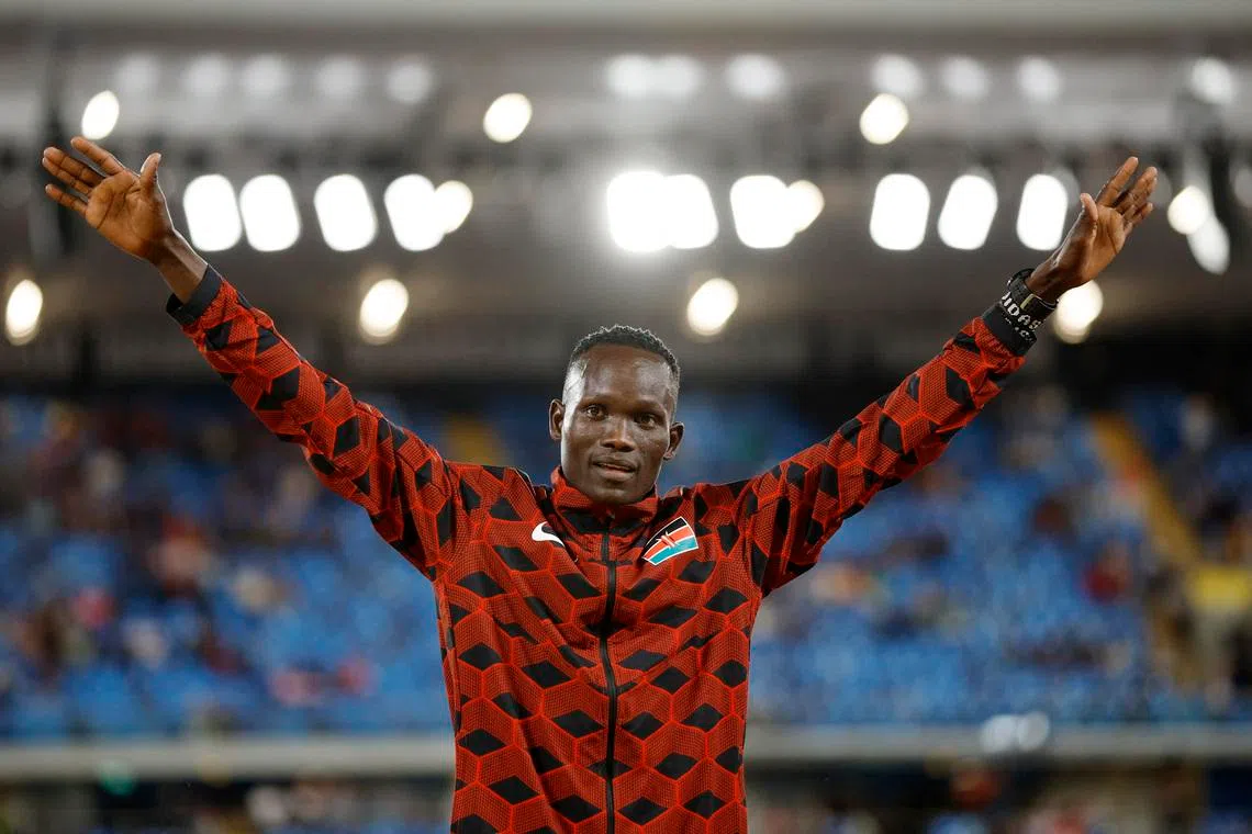 Commonwealth Games - Athletics - Men's 10,000m - Medal Ceremony - Alexander Stadium, Birmingham, Britain - August 2, 2022 Bronze medallist Kenya's Kibiwott Kandie celebrates on the podium REUTERS/John Sibley/File Photo