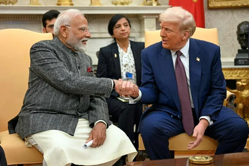 US President Donald Trump (right) and Indian Prime Minister Narendra Modi in the Oval Office of the White House in Washington DC, on Feb 13, 2025.