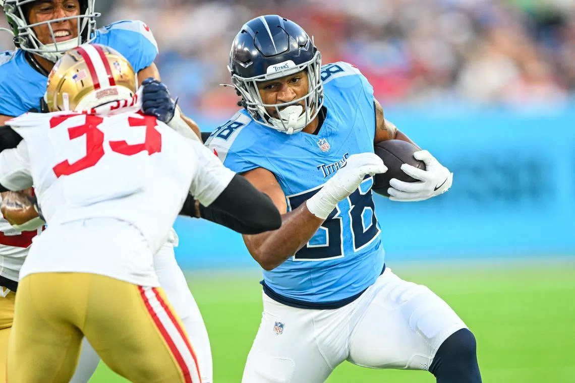 Aug 10, 2024; Nashville, Tennessee, USA;  Tennessee Titans cornerback L'Jarius Sneed (38) runs the ball against the San Francisco 49ers during the first half at Nissan Stadium. Mandatory Credit: Steve Roberts-USA TODAY Sports/ File Photo