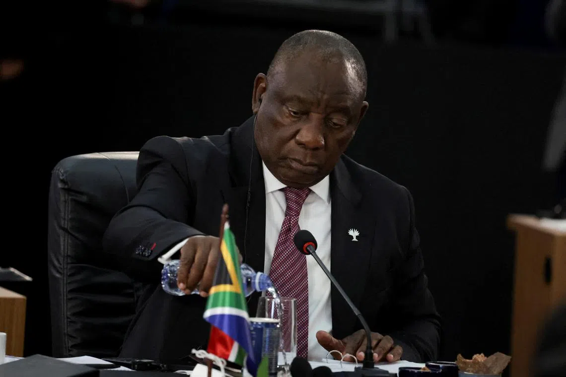 FILE PHOTO: South African President Cyril Ramaphosa attends the opening meeting of the BRICS summit at the Museum of Modern Art (MAM) in Rio de Janeiro, Brazil July 6, 2025. REUTERS/Ricardo Moraes/File Photo