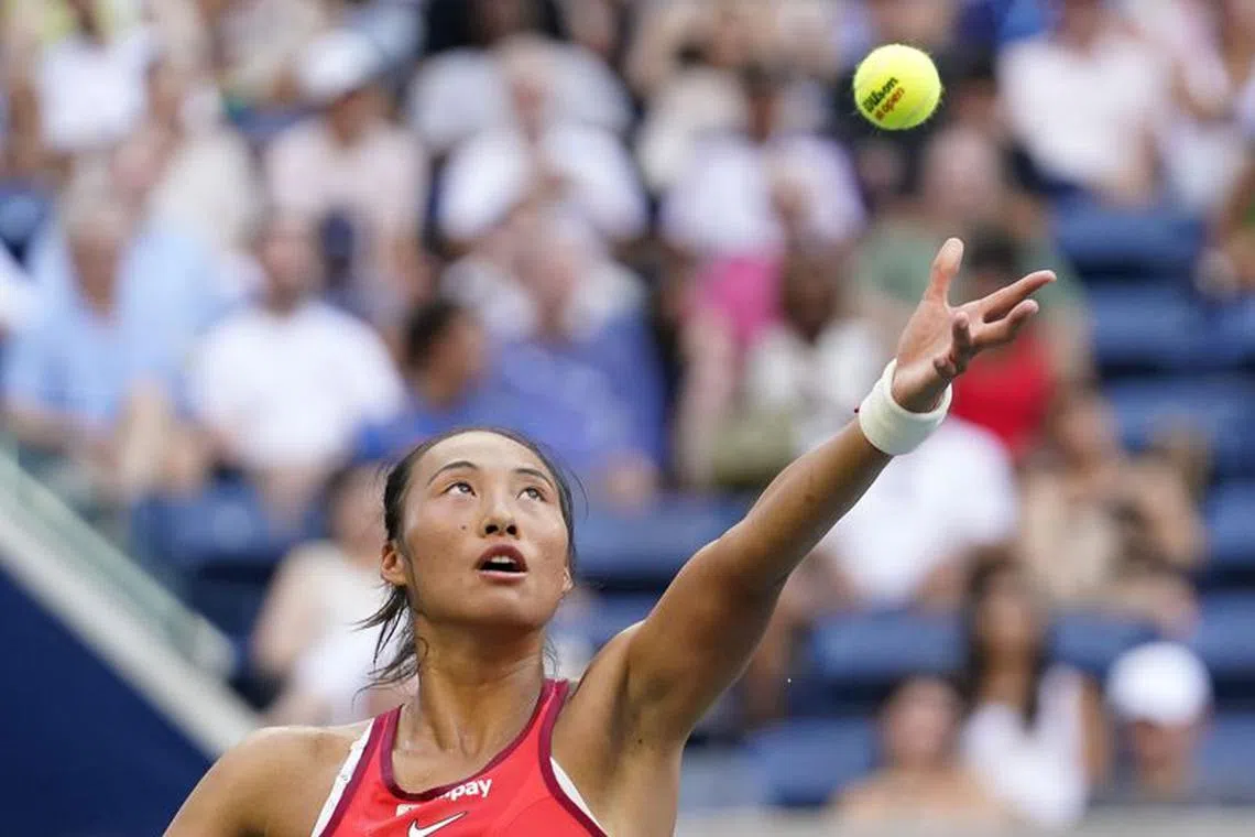 Sep 4, 2023; Flushing, NY, USA; Qinwen Zheng of China serves to Ons Jabeur of Tunisia on day eight of the 2023 U.S. Open tennis tournament at USTA Billie Jean King National Tennis Center. Mandatory Credit: Danielle Parhizkaran-USA TODAY Sports