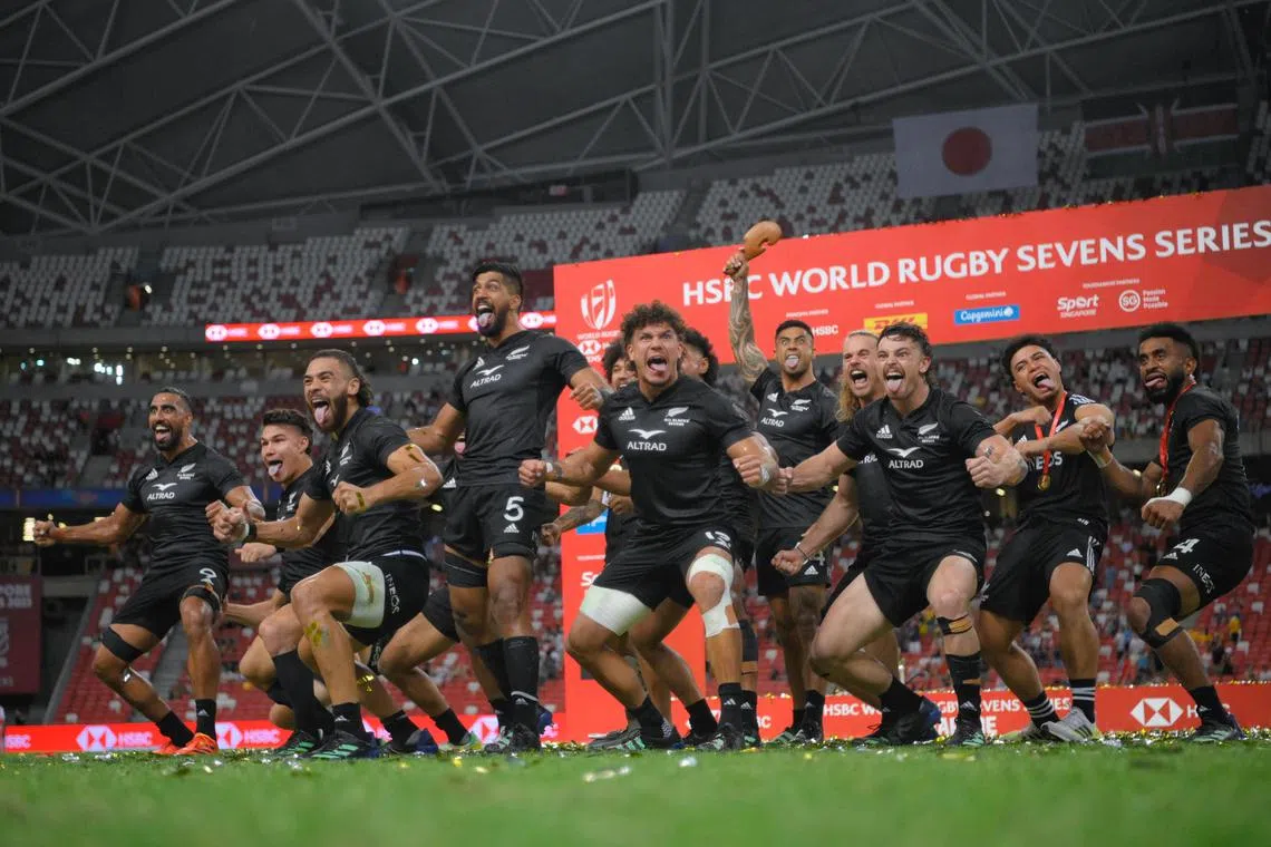 The New Zealand team perform a haka after winning the final of the 2023 HSBC Singapore Rugby Sevens against Argentina at the Singapore Sports Hub on April 9, 2023.