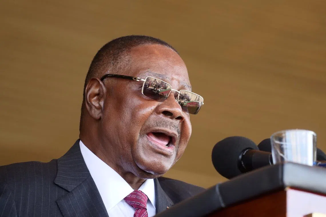 Malawi's President Peter Mutharika addresses guests during his inauguration ceremony in Blantyre, Malawi, May 31, 2019.REUTERS/Eldson Chagara/File Photo