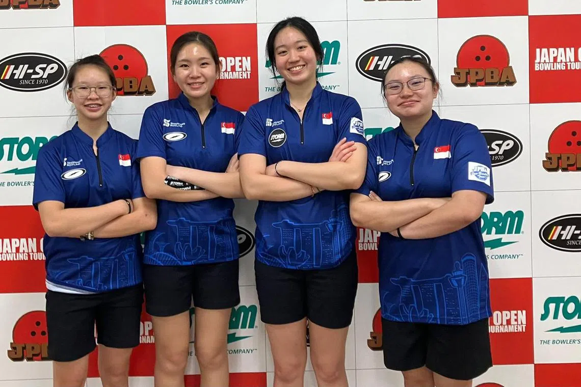 dgbowl04 - (From left) Lim Shi En, Ning Tay, Arianne Tay and Charmaine Chang were winners in the womens' team at the Japan Open Bowling Championship in Inazawa, Japan.

credit: Singapore Bowling Federation