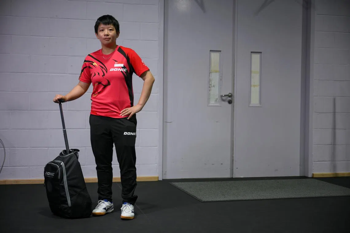 National paddler Zeng Jian pictured with her bag after the Singapore Table Tennis Association Paris Olympics 2024 Press Conference held on June 19, 2024. (for David’s series on what’s in an athletes bag)