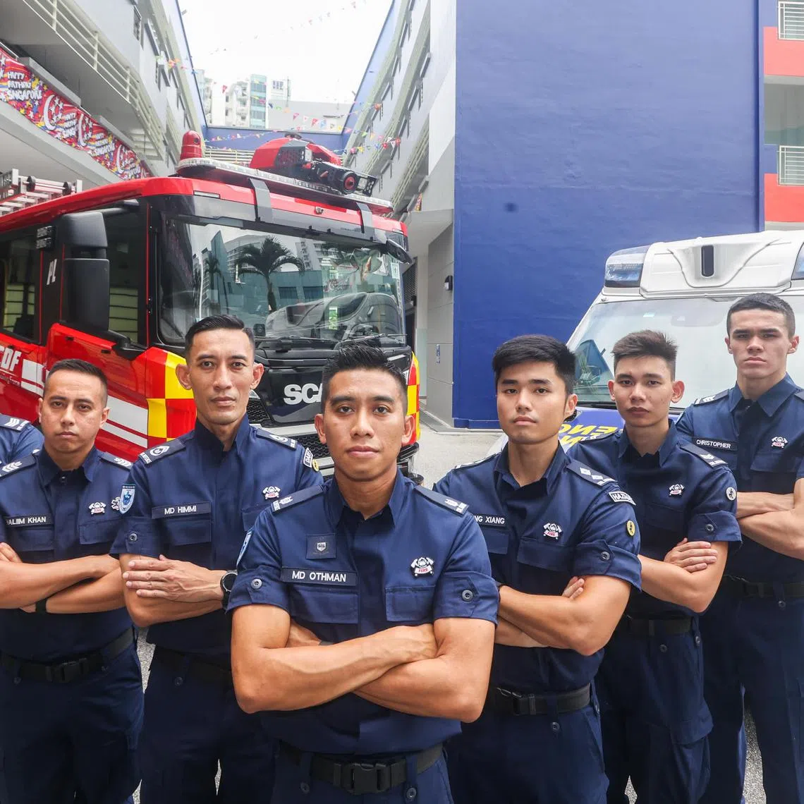 Embargoed until Saturday 22 Jul 2023 3pm. 

CMG20230721-ChanBK01/陈斌勤/郭跃男/
采访盛港消防局民防人员. (Sengkang Fire Station 50 buangkok Dar, 50 Buangkok Dr, S545064). L to R. 

S3, Rafiqi Hilman, 25 years of service.

Staff sergeant Ahmed Haliim khan, 33, 10 years.

Warrant officer 2, Muhammad Himmi bin Ibrahim, 45, 27 years, deputy rota commander.

Commander fire station, major Othman sharif, 31, 7 years of service. 

Ltd, teo Kang Xiang, 28, 3 years of service, rota commander.

Corporal (NSF), Aaron Tay Hong jun, 25, NSF 1 and a half years, more than a year here, section commander.

S1 (NSF) christoper kai treloar, 19, NSF 7 months, less than a month here, section commander.