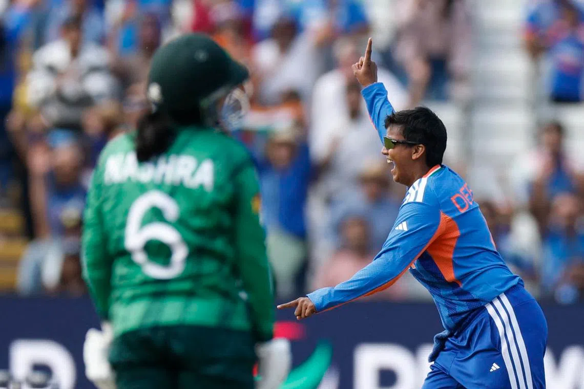 Cricket - ICC Women's T20 World Cup 2026 - India v Pakistan - Edgbaston Cricket Ground, Birmingham, Britain - June 14, 2026 India's Deepti Sharma celebrates after taking the wicket of Pakistan's Nashra Sundhu to win the match REUTERS/Jason Cairnduff