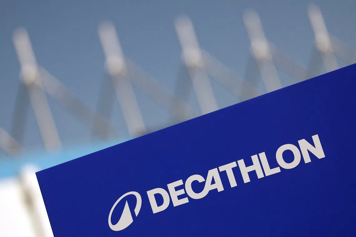 A Decathlon logo is seen at a store of the French sports equipment and sportswear company Decathlon in Saint-Herblain near Nantes, France, April 29, 2025. REUTERS/Stephane Mahe