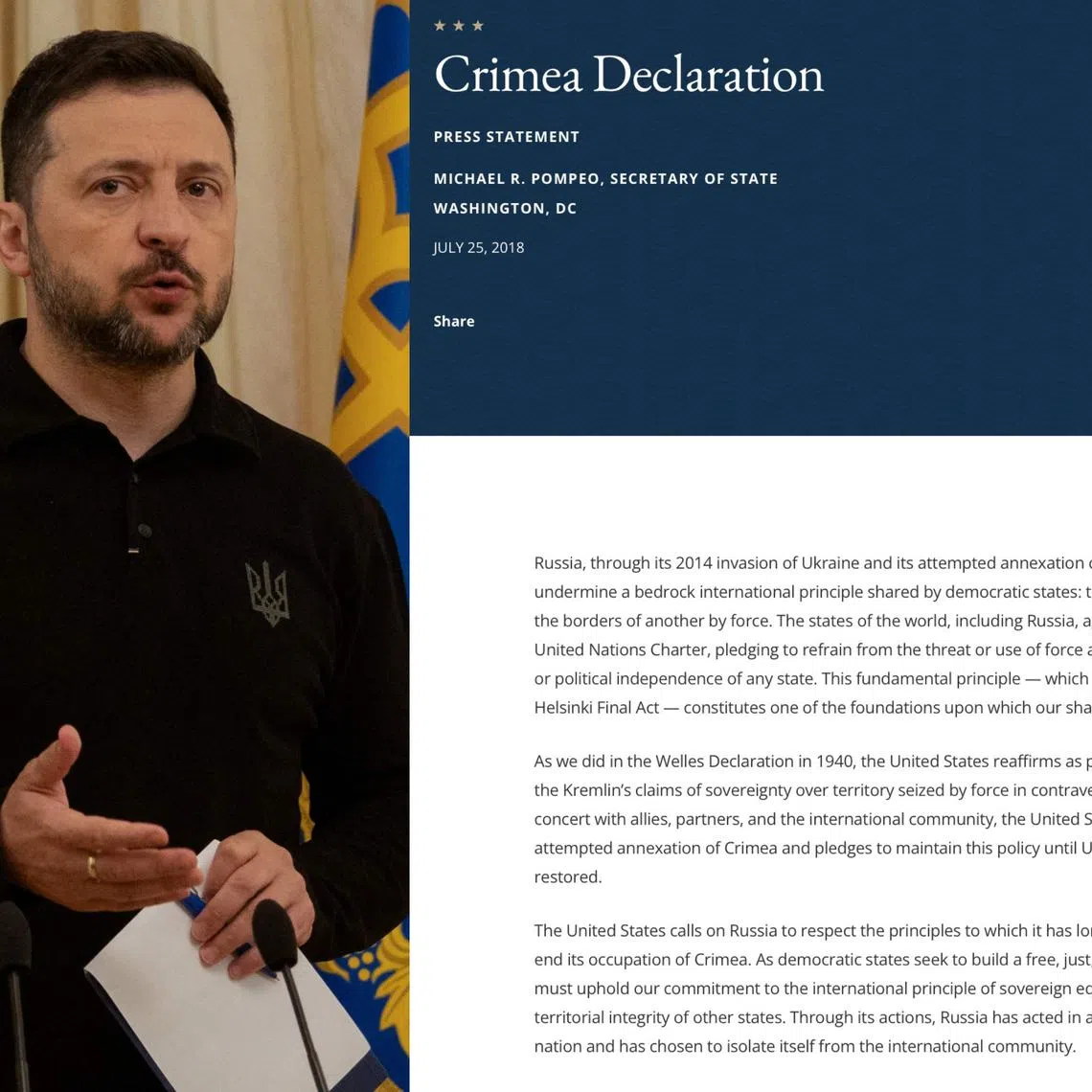 Ukrainian President Voldymyr Zelensky posted to his X account a copy of the 2018 declaration by President Donald Trump’s first administration rejecting Russia’s annexation of Ukraine's Crimea peninsula.