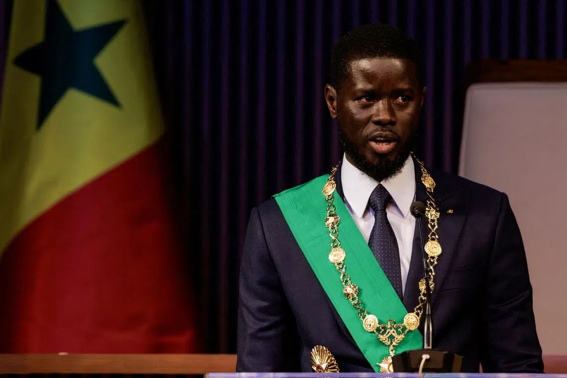 FILE PHOTO: Senegal's newly elected President Bassirou Diomaye Faye addresses the audience after he took the oath of office as president during the inauguration ceremony in Dakar, Senegal April 2, 2024. REUTERS/Zohra Bensemra/File Photo