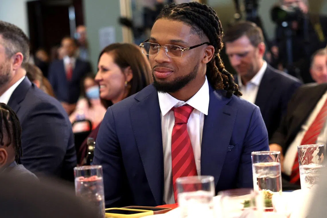 Buffalo Bills safety Damar Hamlin attends an event on March 28 with lawmakers to introduce the Access to AEDs Act, in Washington.