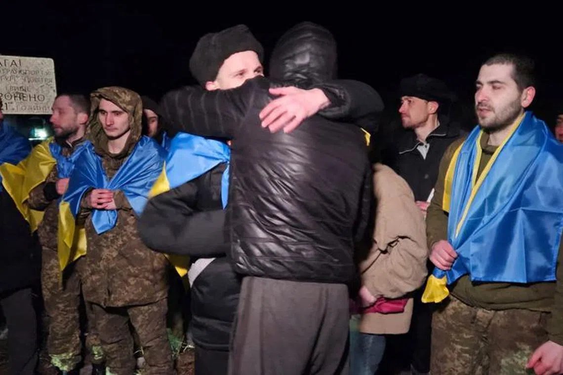Ukrainian prisoners of war (POWs) are seen after a swap, amid Russia's attack on Ukraine, at an unknown location in Ukraine, in this handout picture released January 3, 2024. Ukrainian Armed Forces/Coordination Headquarters for the Treatment of Prisoners of War/Handout via REUTERS