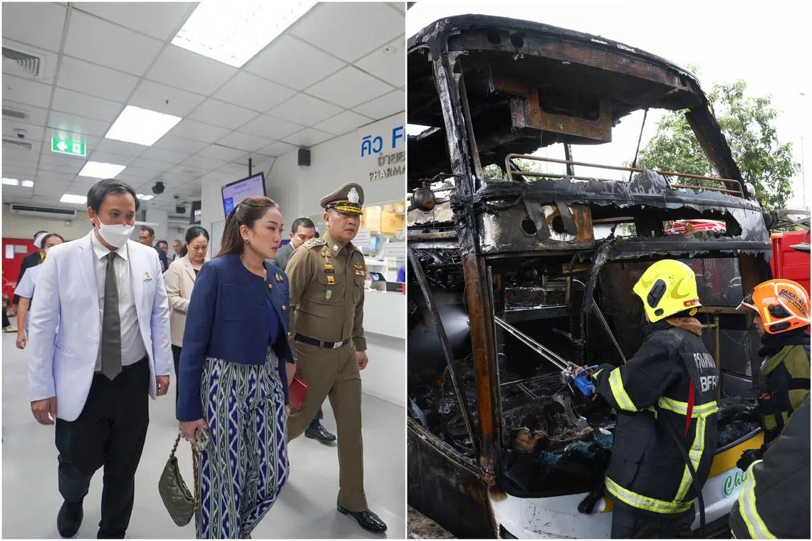 Thailand's Prime Minister Paetongtarn Shinawatra arriving at Patrangsit Hospital in Pathum Thani, north of Bangkok, following a deadly school bus fire.