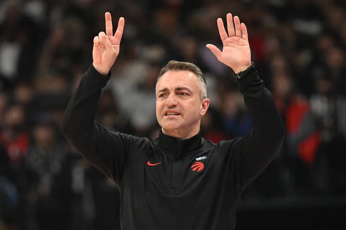 Apr 1, 2026; Toronto, Ontario, CAN;  Toronto Raptors head coach Darko Rajakovic gestures as he directs his players against the Sacramento Kings in the first half at Scotiabank Arena. Mandatory Credit: Dan Hamilton-Imagn Images